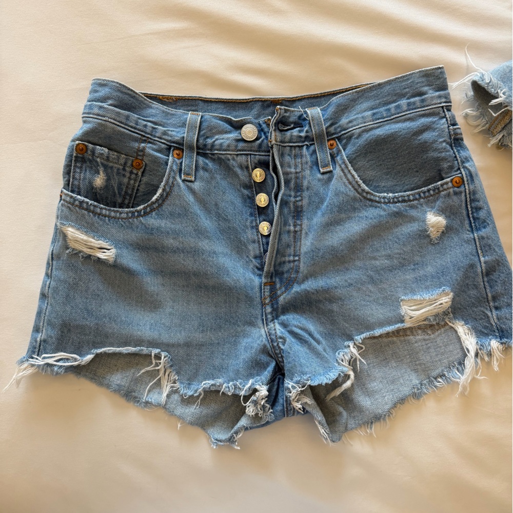 Levi's Light Blue Distressed Button-Fly Jean Shorts